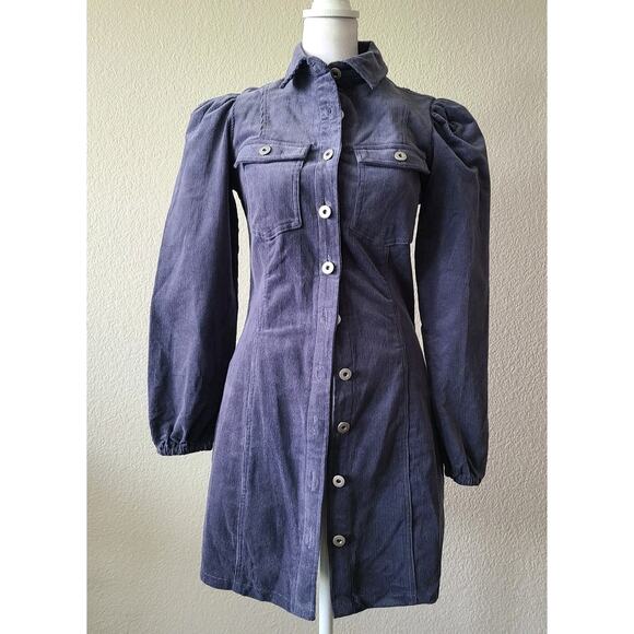 Forever 21 Corduroy Mini Shirt Dress Small Button Up Long‎ Puff Sleeves Preppy - Picture 4 of 12